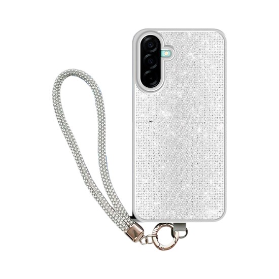 Capa de Silicone Dura de Designer com Cristais de Diamante e Cordão para Samsung Galaxy A37 Prata